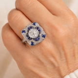 Bague rétro à brillants bleus | Or blanc
