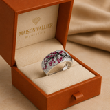 Bague avec rubis et fleurs | Or blanc