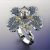 Bague avec fleurs bleues et cristal | Or blanc
