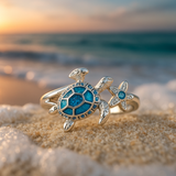 Bague avec tortue et opale bleue | Or blanc