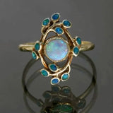 Bague rétro bleue avec cristaux et opale | Or