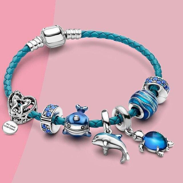Bracelet océan + pendentifs en cuir et inclus | Or blanc