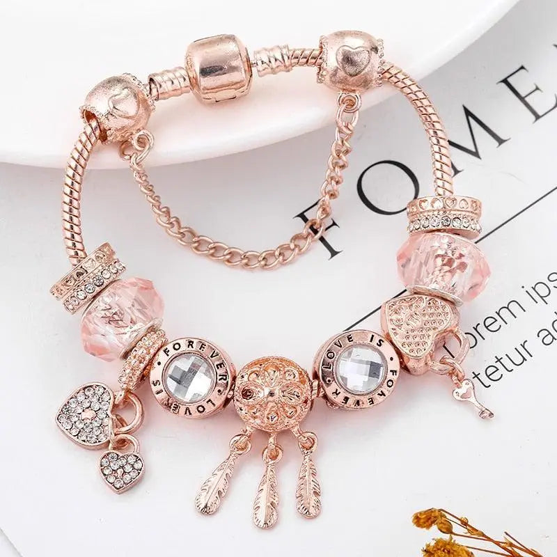 Bracelet capteur de rêves rose avec pendentifs | Or blanc