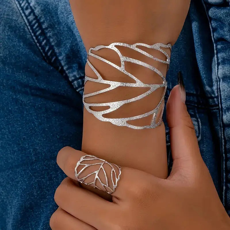 Bracelet rétro avec design de feuille | Or blanc