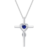 Collier croix en pierre de cœur saphir | Or blanc