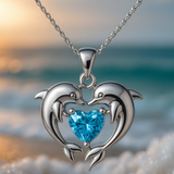 Collier double avec des dauphins de l'amour | Or blanc