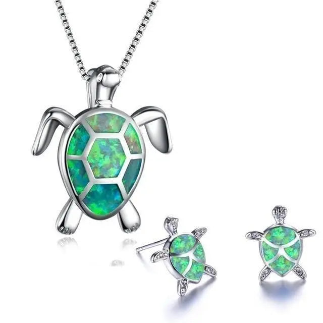Ensemble de collier et boucles d'oreilles avec tortue de mer en opale | Or blanc