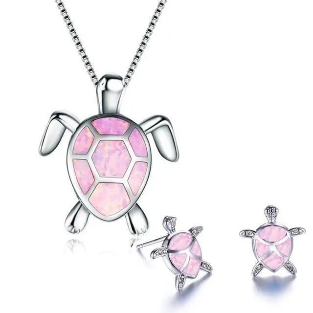Ensemble de collier et boucles d'oreilles avec tortue de mer en opale | Or blanc
