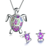 Ensemble de collier et boucles d'oreilles avec tortue de mer en opale | Or blanc