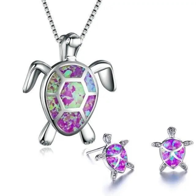 Ensemble de collier et boucles d'oreilles avec tortue de mer en opale | Or blanc