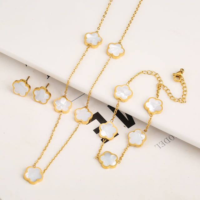 Set Bracelet+Collier+Boucles trèfle | Or